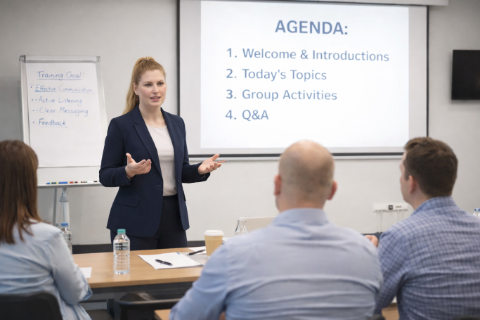 Face-to-Face Businesswoman presenting an agenda at a meeting, with attendees seated at a table.
